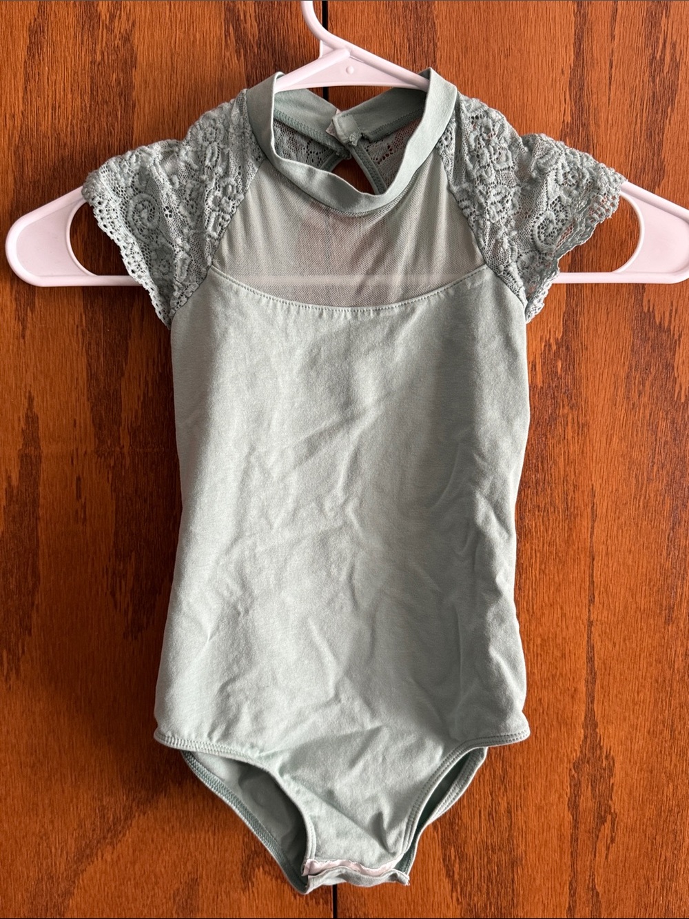 Girls' Sage Green Lace Sleeve One-Piece Leotard